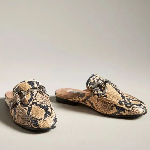 Anthropologie Bibi Lou Zagreb Slip On Loafers Snakeskin Embossed Tan Black - Picture 3 of 9